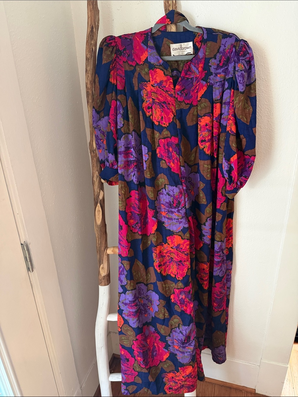 David Brown Binrage 70s 80s Navy Maxi Dress with Pink & Purple Floral Print Larg